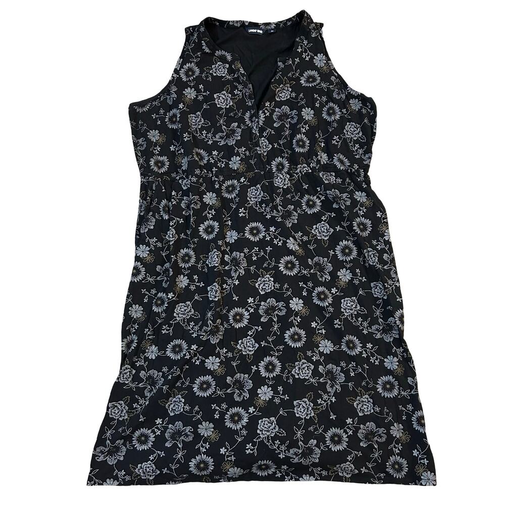 Lands End Floral Sleeveless Henley Dress Womens 3X (24/26) Black White Summer